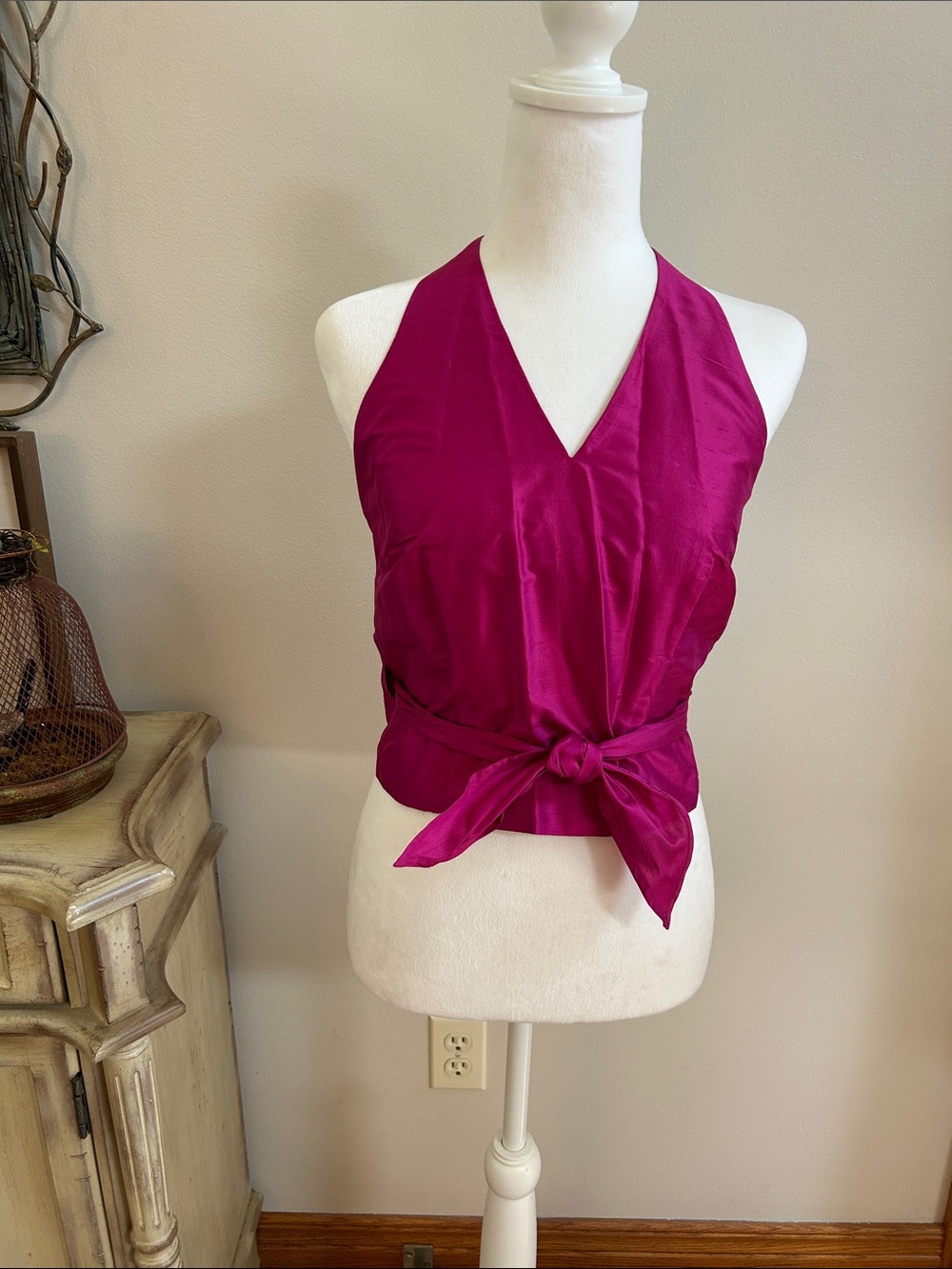 Fuchsia Silk Halter Tie-Front Satin Top, Ann Taylor